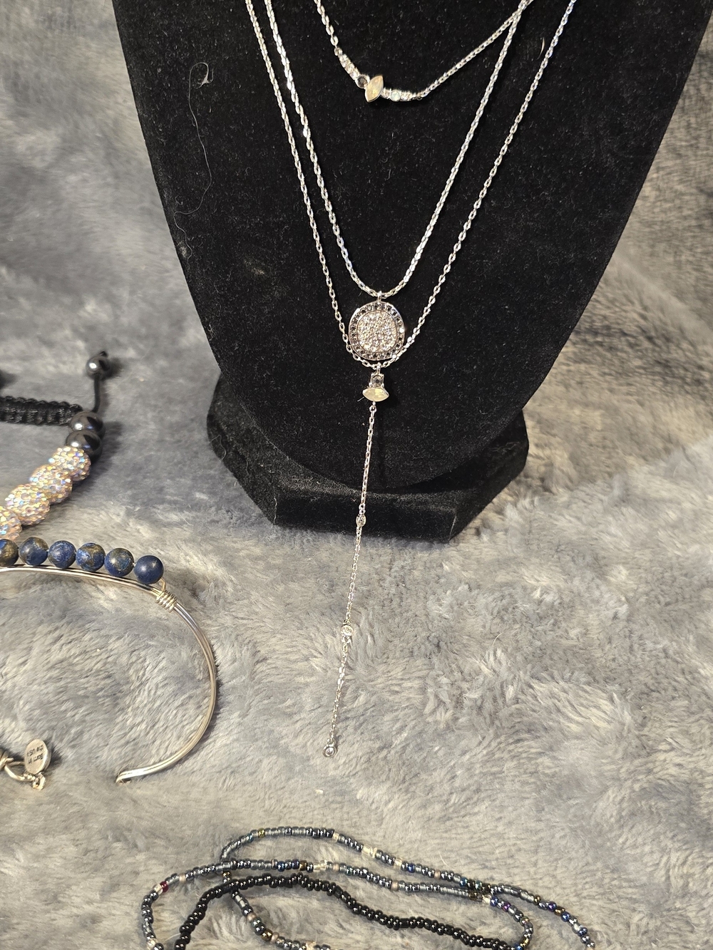 Silver Layered Drop Necklace with Crystal Pendant